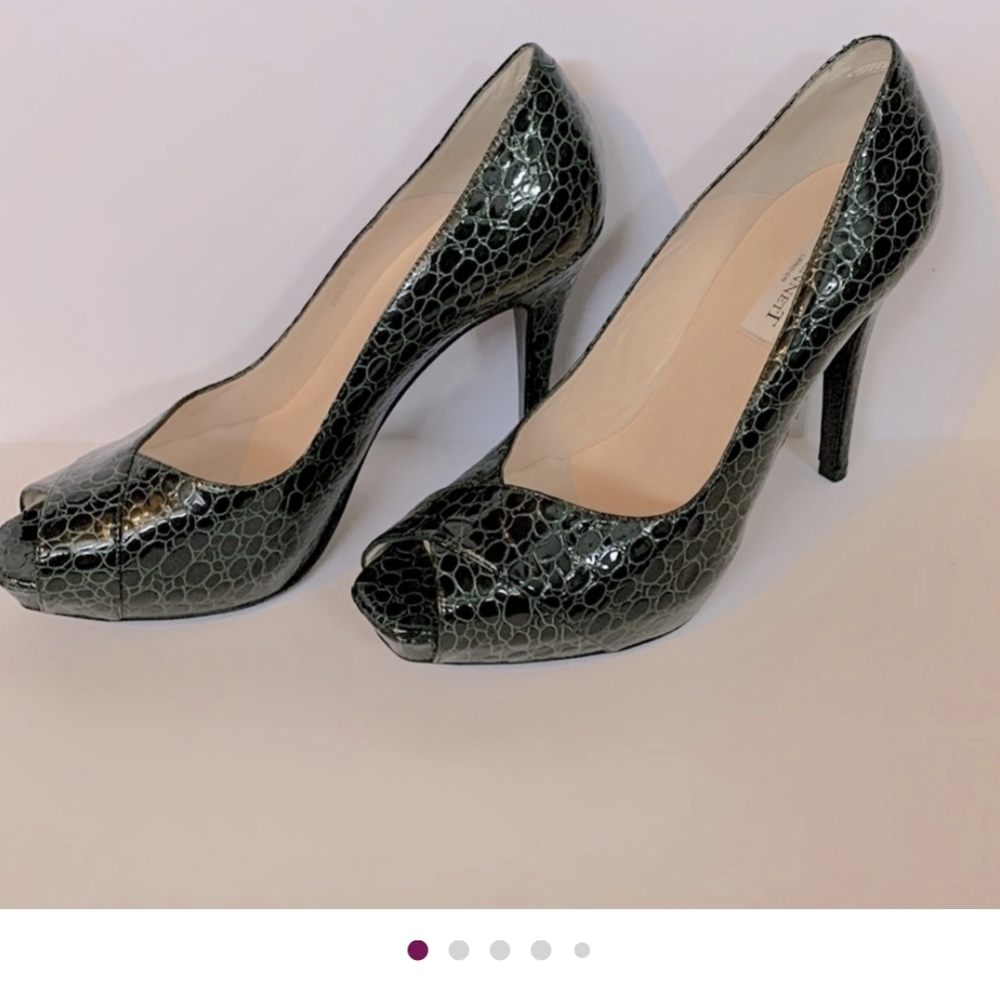 LK Bennett Black Croc Embossed Patent Leather Peep Toe Pumps